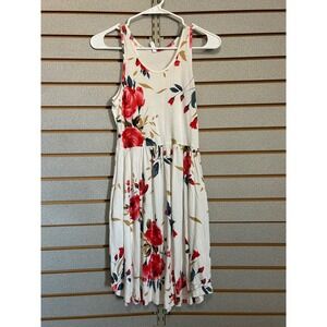 LONGYUAN Womens XS Floral Sleeveless Pocket Dress Cream Red Fit & Flare Casual